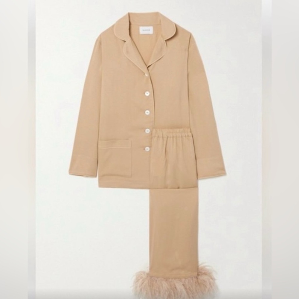 Sleeper Tan Pajama Set with Feather Trim